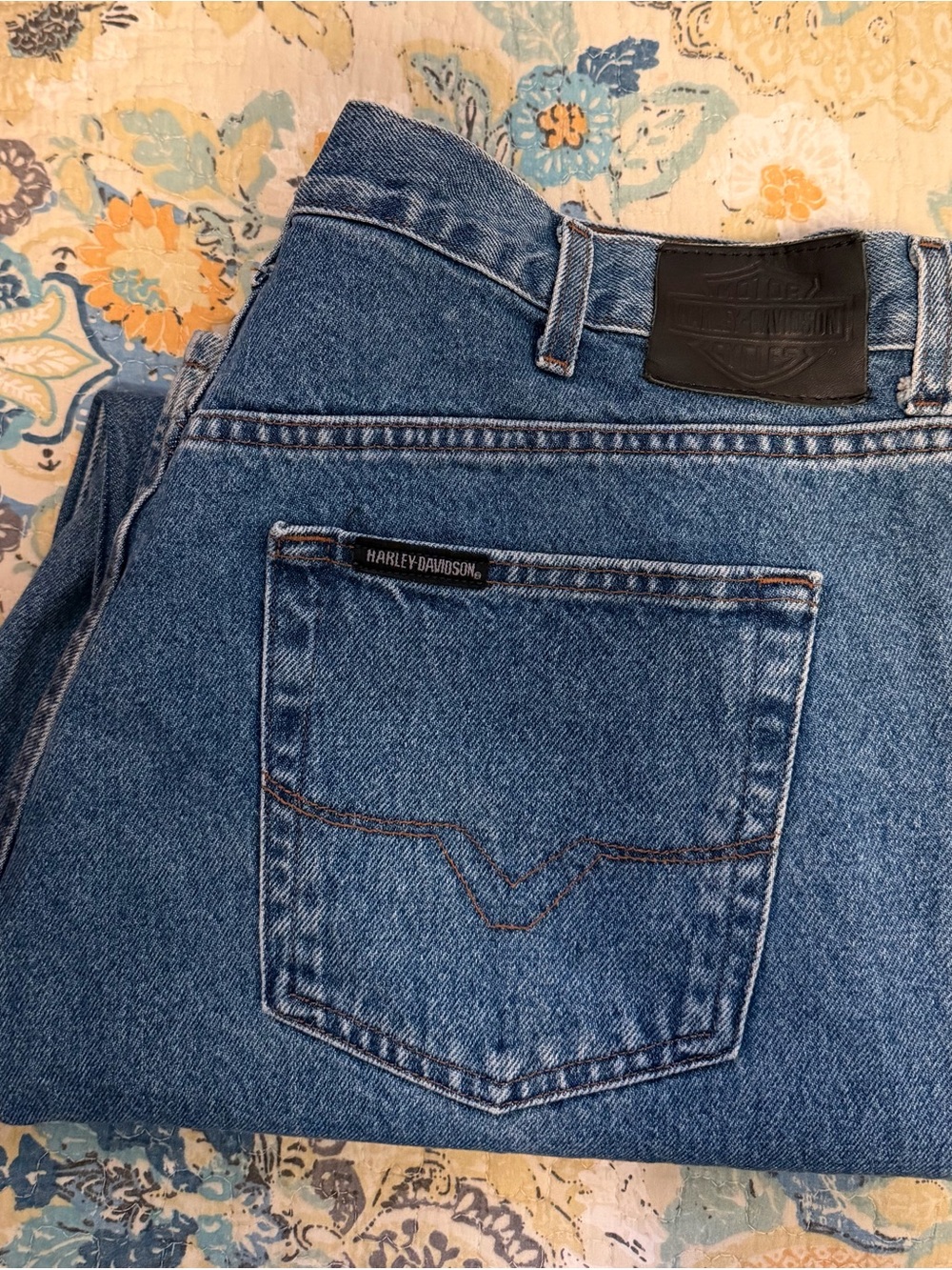 Harley-Davidson Men's Medium Blue Relaxed Jeans with Black Leather Patch